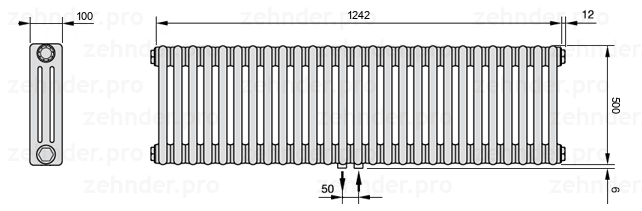 Схема (чертеж) Радиатор Zehnder Charleston 3050/27 №5410 Белый глянцевый RAL 9016